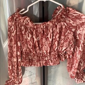 Crop top off the shoulder cinched snake skin print
